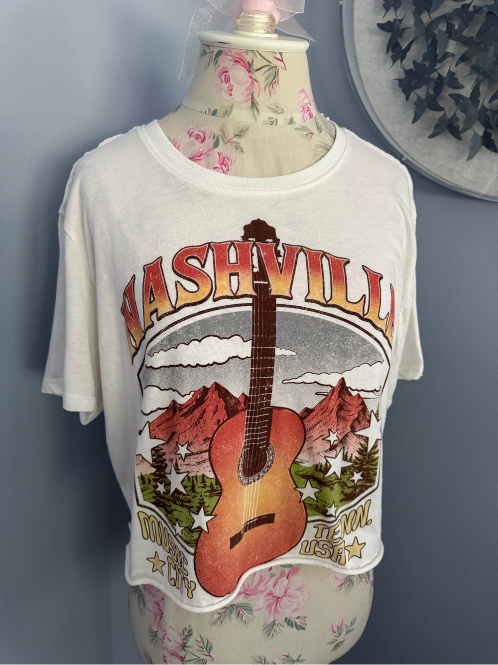 Time and Tru White Crop Graphic Tee with Orange and Brown Guitar
